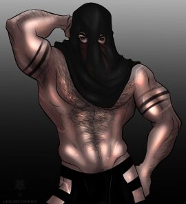 1boy call_of_duty call_of_duty_modern_warfare_2_(2022) fanart hairy_chest hikaruthewolf konig könig male male_focus male_only masked masked_male muscular naked_torso nipples pecs piercing pinup simple_background solo solo_male