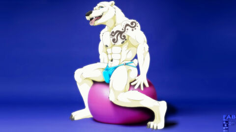 2011 4_fingers abs anthro bear black_nipples black_nose blue_clothing blue_eyes blue_speedo blue_swimwear bulge claws clothed clothing exercise_ball fabfelipe fangs fingers fur male male_only mammal muscular muscular_anthro muscular_male navel nipples open_mouth open_smile piercing polar_bear scut_tail sharp_teeth short_tail side_butt sitting_on_ball smile snout solo speedo speedo_only swimwear tail tattoo teeth toe_claws tongue tongue_out tongue_piercing topless ursine white_body white_fur