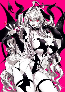 1girls ahoge breasts demon demon_girl female greyscale_with_colored_background horns large_breasts monochrome open_mouth original pink_background red_eyes takatsuki_ichi thighhighs vampire very_long_hair