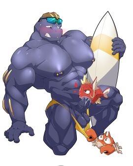 abs arthropod balls biceps crab crustacean decapoda eyewear eyewear_on_head fangs feral fish fishjob generation_1_pokemon genitals hi_res humanoid krabby machoke magikarp malacostracan maldu male marine muscular muscular_humanoid muscular_male muscular_thighs nintendo nipple_piercing nipples oral pecs penis piercing pokemon pokemon_(species) ryuji_kaiyo sunglasses sunglasses_on_head surfboard teeth vein veiny_penis