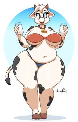 2_horns big_breasts breasts chubby cleavage cowbell female furry glasses huge_breasts jhenightfox looking_at_viewer milk open_mouth simple_background tail thick_thighs toony two-tone_bikini white_background wide_hips