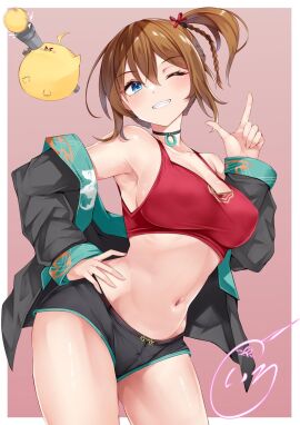 armpits azur_lane bare_shoulders bird black_choker black_jacket black_shorts blue_eyes blush braid breasts brown_hair cg chick choker cleavage collarbone contrapposto cowboy_shot crop_top female grin hair_between_eyes hair_ornament hand_on_own_hip hand_up index_finger_raised jacket large_breasts long_sleeves looking_at_viewer manjuu_(azur_lane) micro_shorts midriff navel off_shoulder one_eye_closed open_clothes open_jacket pink_background red_sports_bra red_tank_top repulse_(azur_lane) repulse_(dance_of_spring_blooms)_(azur_lane) short_hair short_shorts shorts side_ponytail sidelocks signature simple_background smile solo spaghetti_strap sports_bra standing stomach thighs