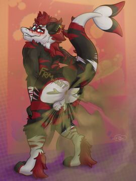 3:4 absurd_res anthro anus ass backsack balls blush butt_grab fart fart_cloud fart_fetish farting_at_viewer genitals hand_on_butt hi_res male presenting presenting_hindquarters raised_tail sergal smug solo standing tail tobafumes