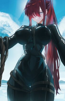 big_breasts bodysuit breasts female female_only jpeg limbus_company long_hair ponytail project_moon red_hair rubber_suit seaside standing tagme two_strongtiger wetsuit yuri_(limbus_company)