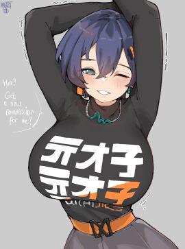 2d 2d_(artwork) 2d_artwork arms_up ass belle_(zenless_zone_zero) big_breasts blue_hair breasts clothed clothing eye_closed female hair looking_at_viewer norman_maggot smile smiling smiling_at_viewer solo talking_to_viewer tomboy tomboyish zenless_zone_zero