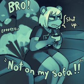 annoyed annoyed_expression anthro couch fart farting furry game_controller gamer gaming gas hair mask_(marking) raccoon_dog sitting sofa tail taki_(taliyeh) talking_to_another tanuki veruveru21