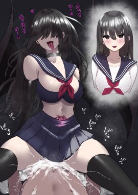 1boy absurdres artist_request before_and_after blue_bra blue_sailor_collar blue_skirt blunt_bangs bra breasts choker collarbone corruption dark_persona demon demon_girl female femdom highres hime_cut large_breasts male midriff navel original pleated_skirt pubic_tattoo reverse_rape sailor_collar school_uniform serafuku sex skirt tatsunohiroigo3 tattoo tongue tongue_out transformation underwear wings