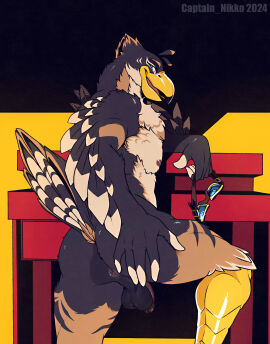 2024 5_fingers absurd_res anthro anus ass avian beak bird black_body black_feathers blue_eyes blush blush_lines brown_body brown_feathers captain_nikko eyewear feathers fingers flat_colors genitals goggles hand_on_ass hand_on_butt hand_on_own_butt hi_res humanoid_genitalia humanoid_penis looking_at_viewer male multicolored_body multicolored_feathers nude nude_anthro nude_male penis rear_view solo tan_body tan_feathers text