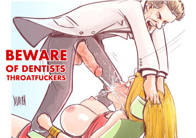 1boy 1girls blonde-haired_female blonde_female blonde_hair breasts breasts_out brown_hair clothed clothed_female clothed_male cum cum_in_mouth cumshot cumshot_in_mouth dentist dentist_chair disarten english_text fellatio female male nipples oral oral_penetration oral_sex original penis public public_service_announcement restrained runny_makeup runny_mascara uncensored veiny_penis warning