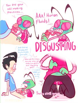 antennae_(anatomy) blowjob blush cum_through_clothes d-blue dialogue dib_membrane dripping invader_zim sucking_penis zim