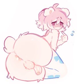 anthro anus ass ass_focus balls blush blush_lines butt_focus clothing embarrassed embarrassed_nude_femboy femboy flaccid fluffy genitals katsucoffee legwear lying male male_only mammal nude on_side penis scut_tail short_tail solo solo_male tail thick_thighs thigh_highs unknown_species wide_hips