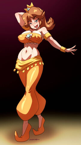 1girls armlet belly_dancer belly_dancer_outfit bra bracelet breasts brown_hair crown female flats green_eyes harem_outfit harem_pants large_breasts looking_at_viewer lowleg lowleg_pants mario_(series) medium_hair midriff navel nintendo ono-fire open_mouth orange_bra orange_pants pants princess_daisy tongue tongue_out