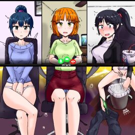 3girls blue_panties blush breasts crying crying_with_eyes_open female green_panties hand_between_legs have_to_pee jailor_eckman open_mouth original panties panties_around_leg pants_removed peeing peeing_together pissing ponytail pussy short_hair skirt tears underwear video_call wet wet_panties white_panties