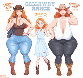 3girls age_difference ass big_ass big_breasts black_jeans blue_jeans breasts character_sheet child_bearing_hips chubby chubby_female cleavage cowboy_boots cowboy_hat curvaceous curvaceous_body curvaceous_female curvy curvy_female family fat_mons fat_thighs fellatrix female female_only flat_chest front_braid ginger ginger_hair heterochromia huge_breasts jeans light-skinned_female light_skin lipedema long_breasts mary_lou_(fellatrix) medium_breasts milf mother mother_and_child mother_and_daughter original original_character parent parent_and_child peggie_sue_(fellatrix) petite_body petite_female plump red_hair red_head sagging_breasts short_female siblings sisters small_breasts sundress suzie_q_(fellatrix) taller_female tank_top text thin_waist venus_body voluptuous voluptuous_female wide_hips