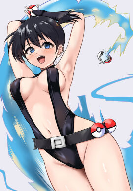 :d absurdres armpits arms_behind_head arms_up asymmetrical_hair belt big_breasts black_belt black_gloves black_hair black_one-piece_swimsuit blue_eyes blush breasts cosplay covered_navel creatures_(company) female female_only fingerless_gloves game_freak gincha gloves gym_leader hair_between_eyes highleg highres holding holding_poke_ball kasumi_(pokemon) large_breasts long_hair looking_at_viewer navel nintendo one-piece_swimsuit open_mouth poke_ball poke_ball_(basic) pokemon ponytail revealing_clothes short_hair side_ponytail smile solo swimsuit teeth the_electric_tale_of_pikachu thighs tongue twintails upper_teeth
