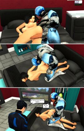 3d asian asian_female ass batgirl batman_(series) bed big_ass big_breasts big_penis black_hair breasts cassandra_cain caught caught_in_the_act comic completely_naked completely_nude cum cum_in_pussy cum_inside cyborg cyborg_(dc) dark-skinned_male dark_skin dc dc_comics dialogue dick_grayson doggy_style female interracial light-skinned_female light-skinned_male light_skin male nightwing nude nude_female on_bed penis pof3445 pussy teen_titans the_sims the_sims_4 walked_in_on