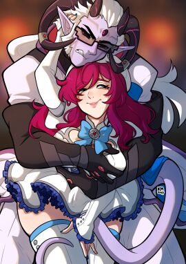 1boy 1girls 3_eyes angry big_breasts black_sclera blue_eyes breasts comic_cover demon demon_boy demon_horns dress female glasses groping_breasts hi_res horns jacques_(kinkymation) kinkymation long_hair magical_girl male milf miss._lucy_(kinkymation) multi_eye original original_characters pointy_ears purple_hair purple_skin red_eyes sharp_teeth smile teeth_clenched white_hair