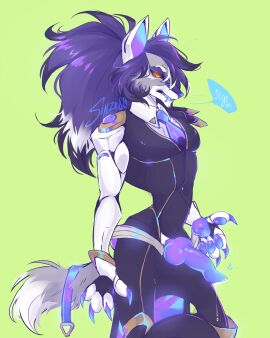 anima_squad_series animal_genitalia animal_penis anthro battle_wolf_yasuo bodily_fluids canid canine canis claws clothed clothing digital_media_(artwork) dripping english_text erection fur genital_fluids genitals glowing glowing_genitalia grey_body grey_fur hair hi_res knot league_of_legends leaking_precum looking_at_viewer male mammal mechanical_arm orange_eyes pawpads paws penis ponytail precum precum_drip precum_string purple_hair riot_games signature simple_background sinzx80 solo tail teeth tencent text wolf yasuo