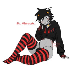 alien alien/human alien_humanoid artist_request dancestor embarrassed femboy homestuck homestuck_troll kankri_vantas male no_pupils smile sweat sweatdrop thighhighs thighs