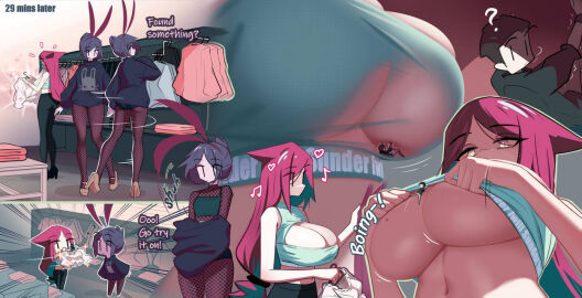 1boy 2d 2girls beauty_mark beauty_mark_on_breasts black_hair breasts bunny_girl_(iwillsunder) colored comic female fishnets giantess iwillsunder larger_female male micro narine_sunder_(iwillsunder) onomatopoeia original pink_hair shirt_lift size_difference smaller_male text underboob undressing