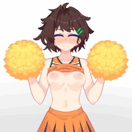 1girls ahoge animated animation armpits blush bouncing_breasts breasts breasts_out brown_hair cheerleader cheerleader_uniform closed_eyes closed_mouth clothes_lift female female_focus female_only furumero hair_ornament hairclip hanekenomichi-chan hurumero jumping light-skinned_female light_skin midriff navel orange_clothing pixel_animation pixel_art pom_poms pulled_up_shirt skirt solo solo_female upper_body