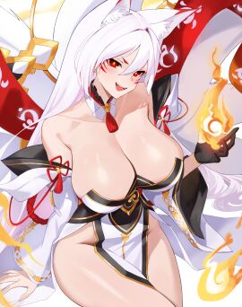 absurdres animal_ear_fluff animal_ears ara_haan arm_support bare_shoulders black_gloves blush breasts cleavage collarbone commentary_request ddog detached_sleeves dress elsword facial_mark female flaming_hand fox_ears fox_girl fox_tail gloves hand_up highres kitsune kyuubi large_breasts looking_at_viewer multiple_tails open_mouth partially_fingerless_gloves pelvic_curtain red_eyes shakti_(elsword) sitting smile solo strapless strapless_dress tail teeth thighs upper_teeth_only white_dress white_hair yellow_pupils