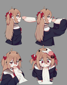1boy 1girls bags_under_eyes brown_hair censored censored_genitalia censored_penis choker disembodied_hand disembodied_penis evil_neuro fellatio female female_focus hair_ornament hair_ribbon heart holding_penis horns indie_virtual_youtuber indie_vtuber light-skinned_female light_skin looking_at_penis male otjareniy penis penis_in_mouth pov red_eyes skirt twitch vedal_ai virtual_youtuber vtuber