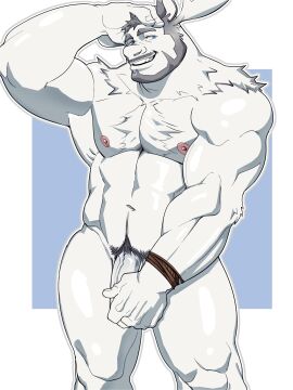 2023 abs absurd_res anthro arm_tuft beard biceps blue_background blue_eyes body_hair border bracelet chest_hair deer deltoids facial_hair flaccid genitals grey_hair grin hair hand_on_head hi_res jewelry looking_aside male mammal maruikito masculine_male moose moustache muscular muscular_legs muscular_thighs navel new_world_deer nipples nude obliques pecs penis pubes shoulder_tuft simple_background smile solo standing triceps tuft vein veiny_penis white_border white_hair
