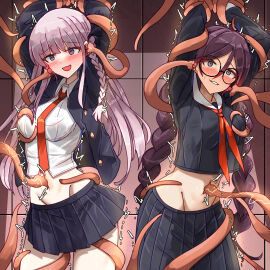 2girls arms_up bakasp-lilzy black_hair black_jacket black_ribbon black_skirt blush bound bound_arms braid collared_shirt cowboy_shot danganronpa danganronpa:_trigger_happy_havoc danganronpa_(series) female frown fukawa_toko fukawa_touko glasses grey_hair groin hair_ribbon highres jacket kirigiri_kyoko kirigiri_kyouko long_hair long_sleeves miniskirt multiple_females multiple_girls navel necktie open_clothes open_jacket orange_necktie pleated_skirt restrained ribbon round_eyewear shirt side_braid skirt tentacle tentacle_sex tickling twin_braids twintails white_shirt