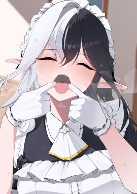 absurdres apron black_hair blush closed_eyes commission earrings eileennoir female finger_in_own_mouth gloves highres indie_virtual_youtuber jewelry long_hair maid maid_apron maid_headdress multicolored_hair open_mouth oral_invitation pointy_ears short_sleeves skeb_commission solo sweat teeth tongue tongue_out two-tone_hair upper_teeth_only virtual_youtuber white_apron white_gloves white_hair yanagui_yugi