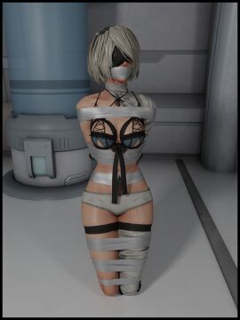 1girls 3d blindfold bondage bound bound_arms bound_legs cosplay female gag gagged kaine_(nier)_(cosplay) kneeling kneeling_female lingerie lord_kamski nier:_automata nier_(series) panties tape_gag white_hair white_panties yorha_2b