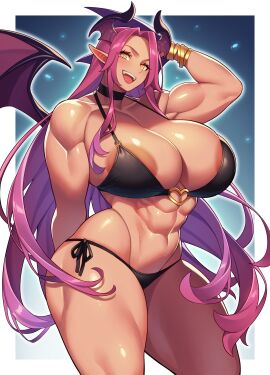 abs areola_slip areolae bikini breasts demon demon_girl demon_horns female gloves hidarikiki horns huge_breasts long_hair navel open_clothes pink_hair pointy_ears thick_thighs voluptuous wide_hips yellow_eyes