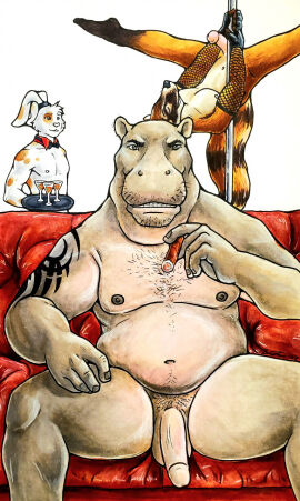2022 3boys alcohol anthro arm_tattoo armwear balls beard belly beverage black_clothing black_gloves black_handwear body_hair bow_tie chest_hair cigar clothing coati cocktail cocktail_glass common_hippopotamus container cup dancing drinking_glass erection facial_hair fat fat_male femboy fishnet fishnet_armwear foxfurries furniture genitals girly glass glass_container glass_cup gloves grin group handwear happy_trail hi_res hippopotamid lagomorph leporid looking_at_viewer male male/male male_only mammal martini masculine_male moobs moustache multiple_boys multiple_males navel nipples on_sofa overweight overweight_male penis pole pole_dancing procyonid pubes rabbit shoulder_tattoo simple_background sitting smile smoking smoking_cigar sofa solo_focus spread_legs spreading strip_club stripper_pole stubble tattoo vein veiny_penis white_background