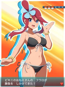 1girls absurdres alternate_costume bikini creatures_(company) female game_freak highres latina nintendo pokemon pokemon_bw red_hair shabana_may skyla_(pokemon) solo swimsuit text translation_request