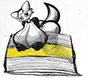 anthro areola big_areola big_breasts big_nipples birthday_cake black_areola black_body black_sclera blush blush_lines breasts cake dessert female food hi_res huge_breasts hyper hyper_breasts marker_(artwork) nipples raised_tail robot_anthro sheebibites tail traditional_media_(artwork) white_body yellow_eyes