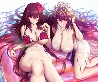 2girls bikini breasts cleavage fate/grand_order fate_(series) female hi_res huge_breasts light-skinned_female light_skin long_hair purple_hair red_eyes scathach_(fate) scathach_(swimsuit_assassin) scathach_skadi scathach_skadi_(swimsuit_ruler)_(fate) shiroshisu swimsuit