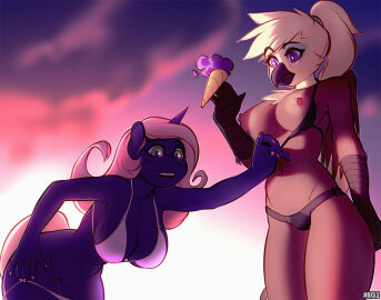 2017 accident accidental_exposure anthro assisted_exposure avian bent_over big_breasts bikini bikini_pull bird blue_eyes breasts chest_tuft cleavage clothed clothing clothing_pull dessert duo equid equine evening_rise_(mlp) female food gryphon gwynn_(axquirix) hand_on_hip hasbro horn ice_cream long_hair mammal my_little_pony mythological_avian mythological_creature mythological_equine mythology navel nipples pink_hair ponytail purple_eyes simple_background skimpy small_waist standing swimwear swimwear_pull thick_thighs tsudamaku tuft unicorn wardrobe_malfunction wide_hips