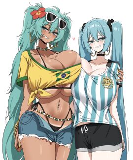 2girls argentina argentinian_miku brazil brazilian_flag brazilian_miku breasts crop_top dark-skinned_female dark_skin dotthebot female football_uniform halter_bikini hatsune_miku heart_symbol huge_breasts latin_american_hatsune_miku_(meme) light-skinned_female light_skin lingerie_under_clothes looking_at_viewer off_shoulder pale-skinned_female pale_skin pierced_belly_button skimpy_clothes smiling sunglasses sunglasses_on_head tagme vocaloid vocaloid_2