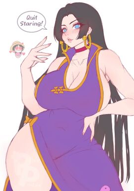 1girls artpink_poday bare_arms bare_legs bare_shoulders bare_thighs big_breasts black-haired_female black_hair blue_eyes blush boa_hancock breasts clothed clothing color english_text female female_focus female_only hi_res jewelry large_breasts light-skinned_female light_skin long_hair looking_at_viewer monkey_d_luffy no_bra one_piece shounen_jump solo solo_female tagme text text_bubble thick_thighs