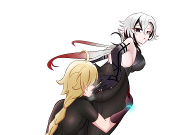 1boy 1girls aether_(genshin_impact) arlecchino_(genshin_impact) ass color drawing facesitting fat_ass female fetish genshin_impact hoyoverse male mihoyo straight taller_female textless_version thick_thighs unknown_artist