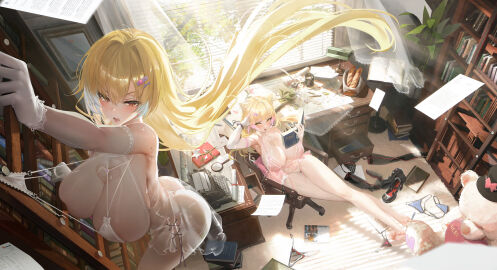 2girls absurdres ass bare_shoulders barefoot bent_over blonde_hair blush bodysuit book bookshelf bra breasts chair character_request cleavage crosscore cum curtains desk elbow_gloves feet female floating_hair flower gloves hair_between_eyes hair_flower hair_ornament hairclip highres holding huge_breasts indoors large_breasts lingerie long_hair looking_at_viewer mole mole_under_eye monitor multiple_females multiple_girls nipples nude open_mouth panties paper pen plant potted_plant pussy red_eyes see-through_clothes shoes sitting smile soles stylus sunlight table thighhighs thighs thong underwear very_long_hair wardrobe_malfunction wet white_bra white_gloves white_panties window yellow_eyes zer_z2
