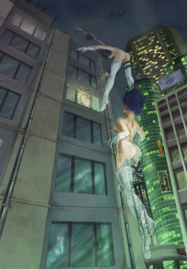 1girls action_pose ass black_hair boots boots_only broken_window building city city_background cityscape female ghost_in_the_shell gloves jumping kusanagi_motoko nude nude_female parkour scene_reference solo thighhighs window