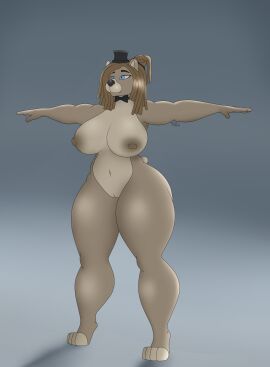 absurd_res anthro ass bear big_ass big_breasts big_butt blue_eyes bow_ribbon breasts clothing dreadlocks female five_nights_at_freddy's freddy_(fnaf) headgear headwear hi_res la-fredda_(photolol.03) mammal nude photolol.03 scottgames simple_background solo t-pose thick_thighs wide_hips