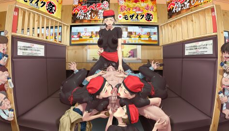 1boy 4girls abdomen apron apron_only ass balls balls_sucking big_ass big_breasts body_paint body_writing bodypaint breasts chichimaro completely_nude completely_nude_female cum cuming dick false_clothes female_on_top full_body hat hat_only hi_res high_quality high_resolution highres huge_ass huge_breasts licking licking_penis licking_pussy navel nipples nude nude_female painted_clothes penis public public_exposure public_humiliation public_nudity public_sex pussy pussy_juice sitting sitting_on_face sushi sweating sweaty sweaty_body tattoo_uniform thick_ass thick_thighs thighhighs thighs