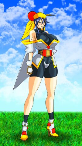 absurdres bandana black_bodysuit blue_hair bodysuit breasts brown_gloves commentary_request dated female gloves green_eyes grin hair_ornament hat highres japanese_clothes large_breasts lime_(saber_j) long_hair mai-kallen panties panties_over_bodysuit panty_pull saber_marionette_j sidelocks signature simple_background sleeveless sleeveless_bodysuit sleeveless_turtleneck_bodysuit smile solo standing turtleneck turtleneck_bodysuit underwear white_background yellow_bandana yellow_hat