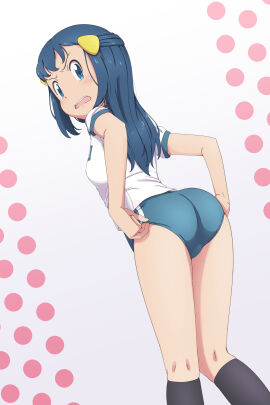 adjusting_clothes ass back_view bare_arms bare_legs bare_thighs black_socks blue_buruma blue_eyes blue_hair blush breasts buruma dawn_(pokemon) female gym_uniform hairclip long_hair medium_breasts parted_lips pokemon scarletsky short_sleeves socks thighs white_shirt