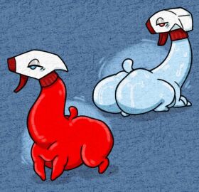 ass big_ass blue_eyes blue_skin bulge chubby chubby_anthro chubby_life_form_i_think eyeliner humanized little_tail lmao lol long_neck male non-human non-human_only quadruped red_eyes red_skin seductive_look spray_bottle sweating tagme tiny_legs torururuu wet what