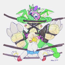 absurd_res ambiguous_gender anatid anseriform anthro avian balls beak bird blue_eyes brokenwing dragon duck duo foreskin futa/ambiguous futanari genitals green_body harness hi_res horn humanoid_genitalia humanoid_penis intersex intersex/ambiguous male male_(lore) mythological_creature mythological_scalie mythology nipple_piercing nipples oselotti penis piercing quill_wonderfowl scalie uncircumcised white_body wings wrestling yellow_beak