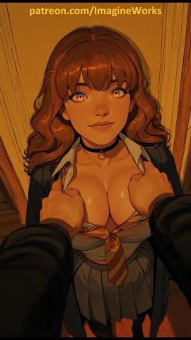 ai_generated babe breasts brown_eyes brown_hair brunette_hair canon cleavage female girl girly grabbing groping harry_potter hermione_granger hogwarts sex sexy tagme titties video younger_female