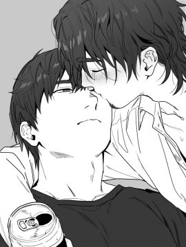 2boys alcohol arms_around_neck black_hair blush closed_eyes drunk facial_hair gay grey_background kissing looking_at_another male male_only monochrome multiple_boys multiple_males one_eye_closed original simple_background sweat yaoi yukibi_(ykb)